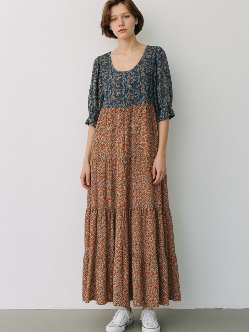 Natural Life Small Maxi Dress Boho Paisley Floral Tiered Long Sleeve Sz Small